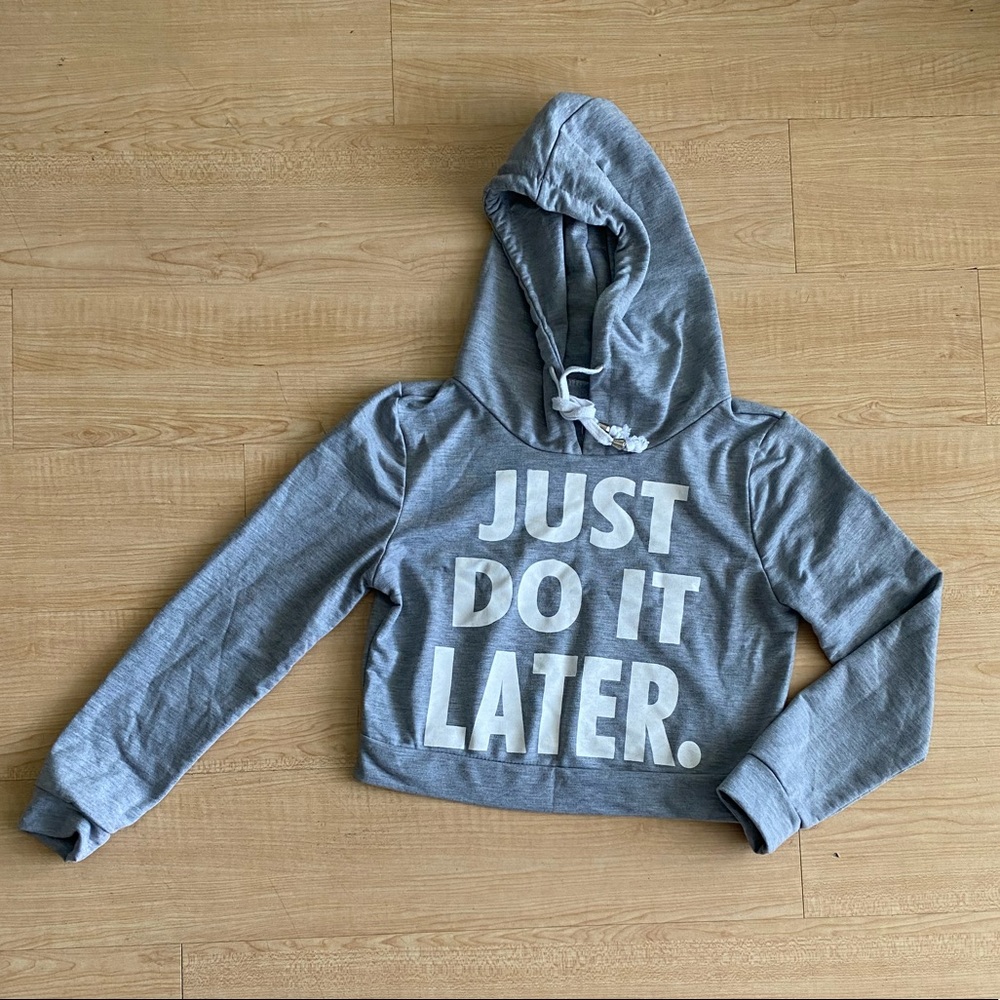 Grey crop hoodie, funny just do it later text